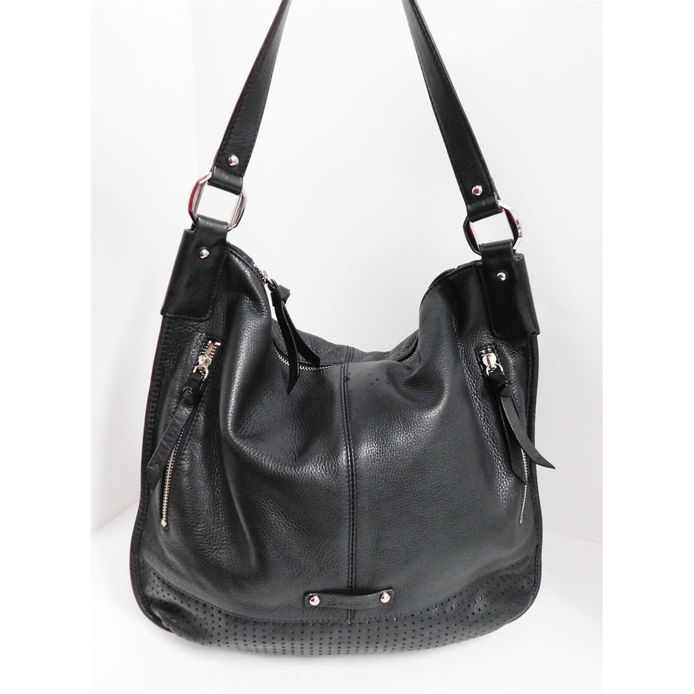 B. Makowsky Black Pebble Grain Leather Large Hobo Shoulder Bag